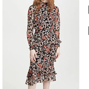 SALONI Isa Ruffle Black and Orange Floral Midi Dress NWT Size 12